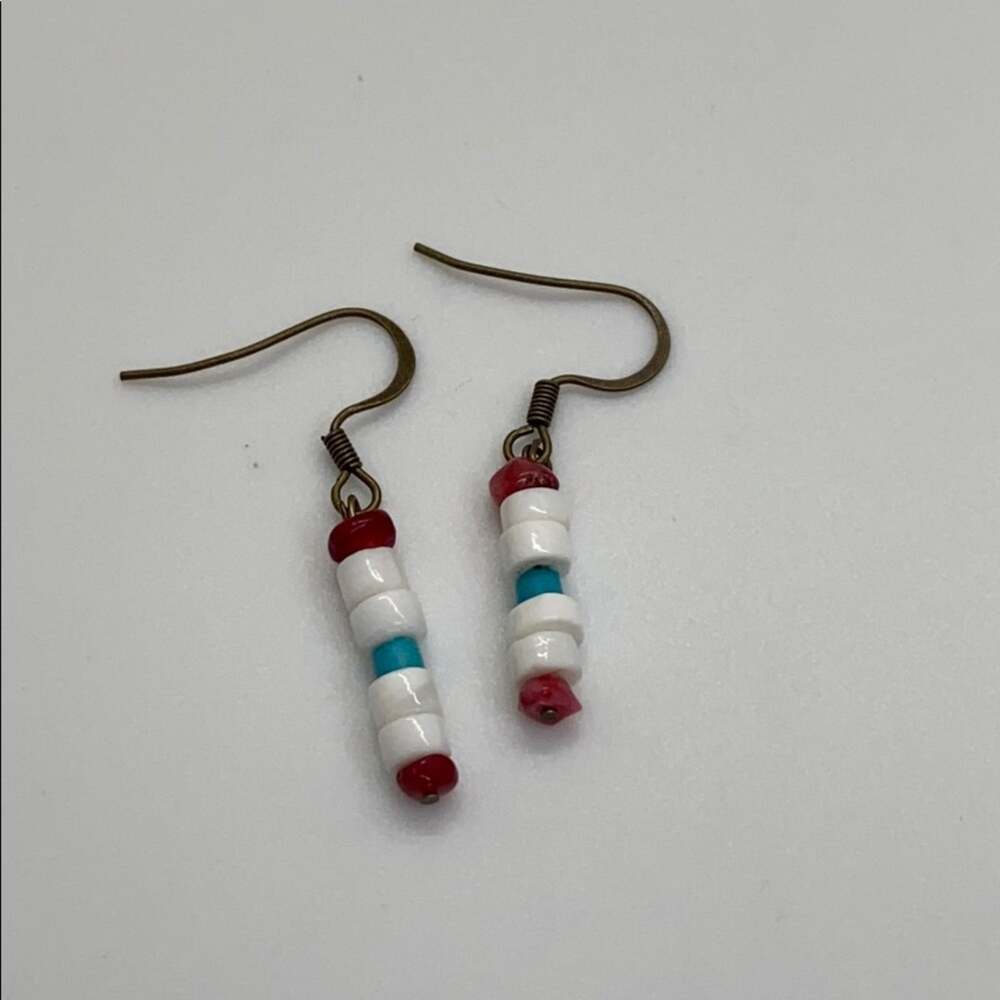 Handcrafted Coral, bone, turquoise stacked earrings
